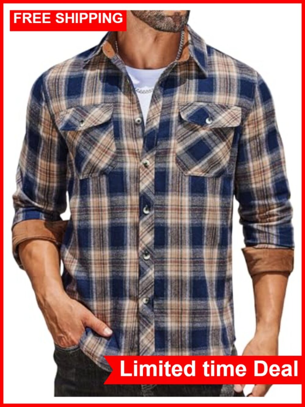 Men's Lightweight Cotton Blend Flannel Long Sleeve Button Down Plaid Casual